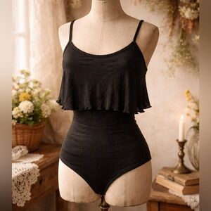 Ichi Semi Sheer, Sparkly, Tiered Ruffle Black Bodysuit
